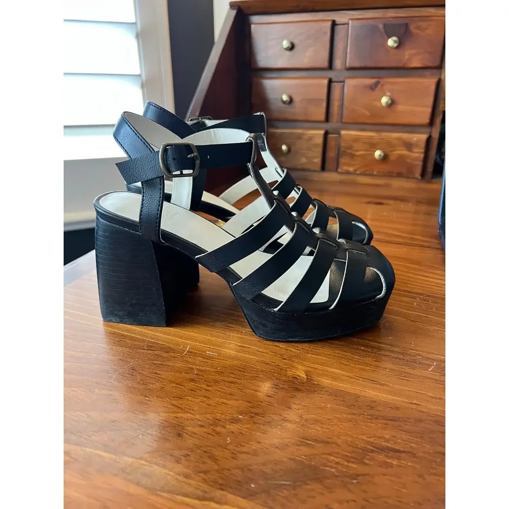 Oasis Society Black Chunky Fisherman Sandals Platform Block Heel Strappy 6.5‎